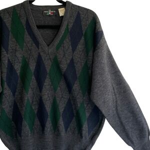 Italian Sweater Co. Argyle V Neck Sweater Wool Blend Gray Green‎ Blue Mens M